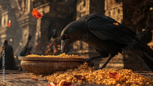 A crow eats rice offerings during the Pitru Paksha ritual

 photo