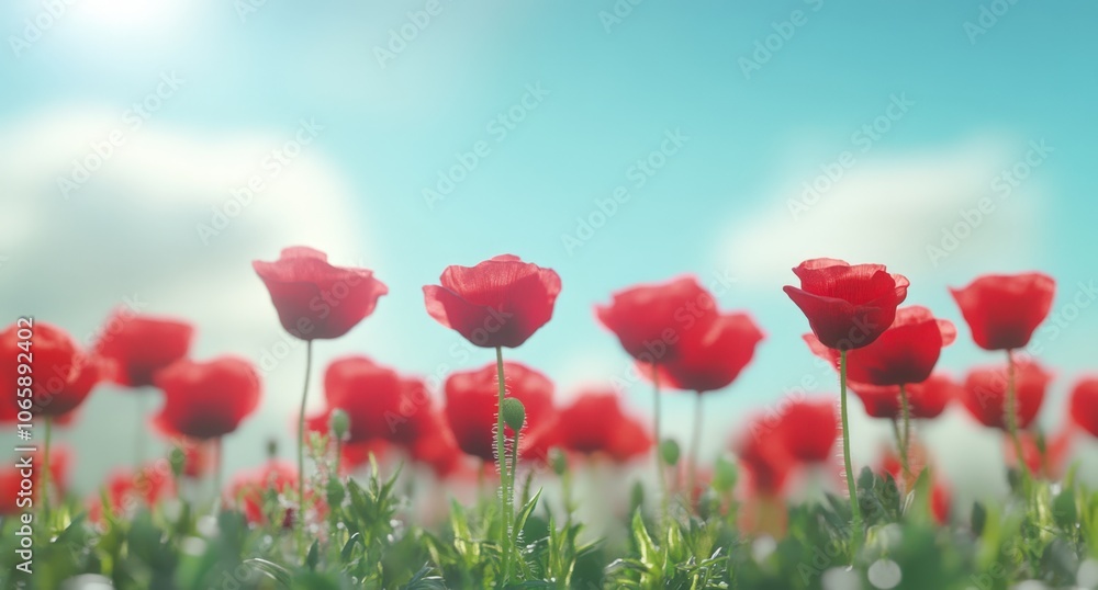 Obraz premium Vibrant red tulips blooming in a field against a serene blue sky