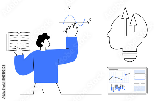 Person holding open book while drawing graph on whiteboard, head silhouette with upward arrows, and computer screen with bar graph. Ideal for education, data analysis, business growth, innovation