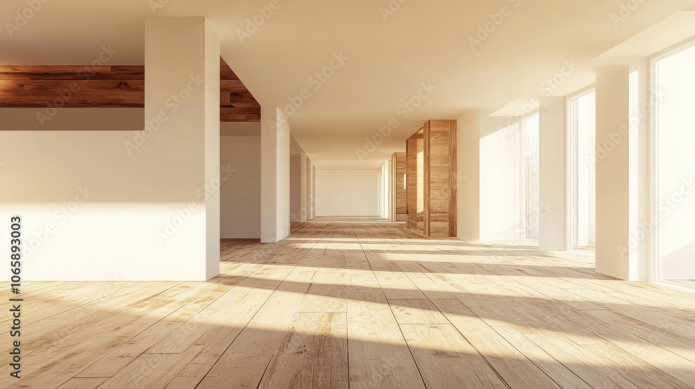 Fototapeta premium Wooden and white open space office interior with white wall