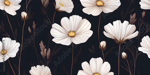 White Cosmos Flowers on Dark Background