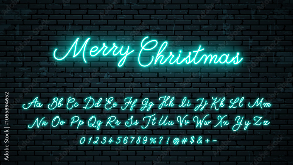 Obraz premium Vector neon alphabet with lettering Merry Christmas on dark brick wall background.