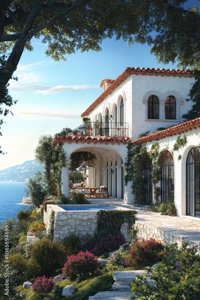 Fototapeta premium A large white house with a pool and a balcony. The house is surrounded by a garden with many plants