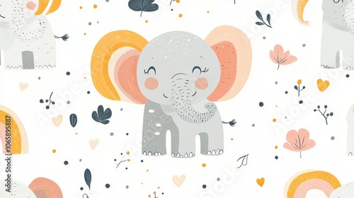 Elephant and rainbow, dreamy scene, seamless vector pattern for baby shower decor and nursery prints