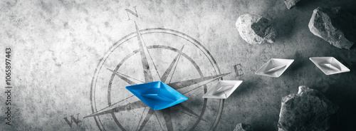 Wallpaper Mural Blue Paper Boat Leading A Fleet Of Small White Boats Away From Rocks With Compass Icon - Leadership Concept Torontodigital.ca