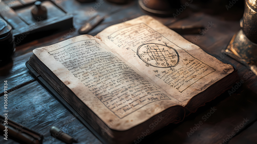 Obraz premium Hyper-realistic ancient alchemical manuscript, with lifelike details of the parchment, ink, and mystical symbols on the page. Mystical. Illustration