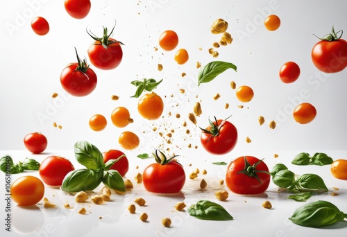 collection floating culinary ingredients displayed minimalistic background modern visual appeal, vegetable, fruit, spice, herb, flour, pasta, rice, cereal