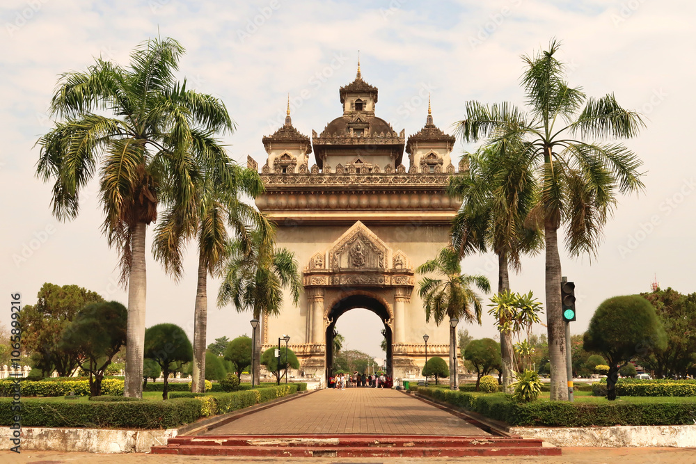 View onto the Patuxai Monument, a war monument in the city center of Vientiane, Laos View onto the Patuxai Monument, a war monument in the city center of Vientiane, Laos