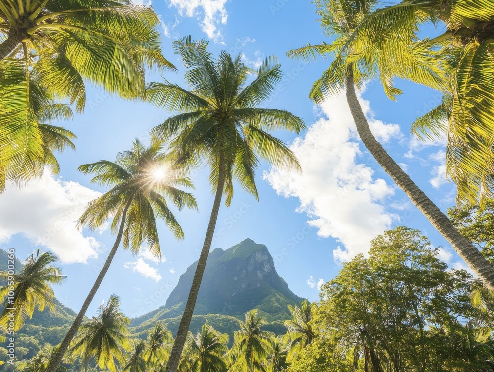 Naklejka premium Tropical Paradise: Lush Palm Trees and a Mountain Range