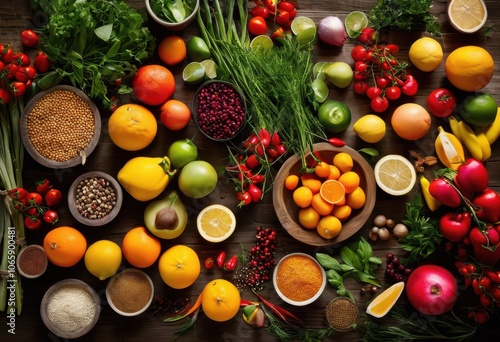 colorful vibrant ingredient layout demonstrating array seasonal food varieties placed aesthetic angle, appeal, arrangement, assortment, bounty, bright