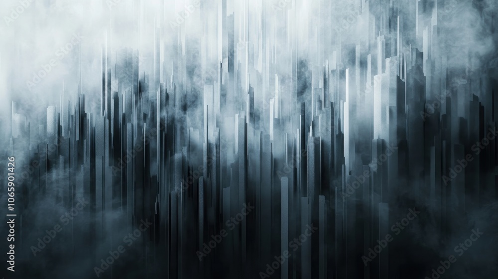 Fototapeta premium Abstract vertical lines shrouded in mist create a mysterious atmosphere in a darkened space, evoking a sense of depth and intrigue