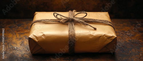 Elegant Holiday Gift Wrapped in Festive Ribbon on Neutral Background