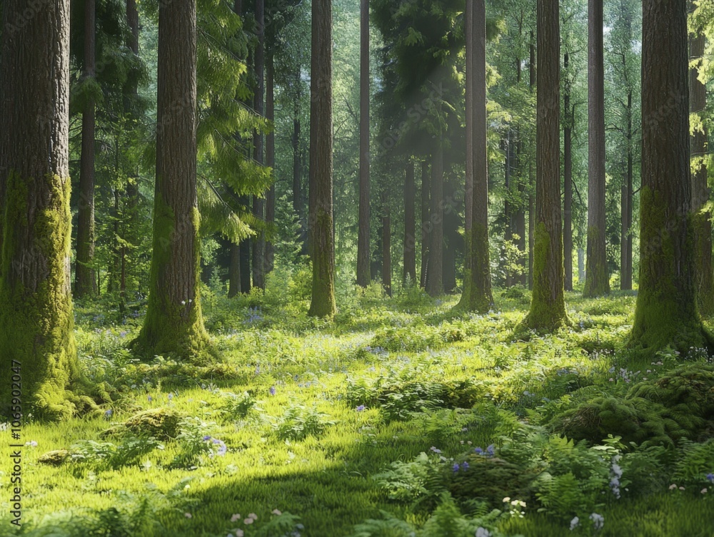 Obraz premium Sunlight Filtering Through a Lush Forest