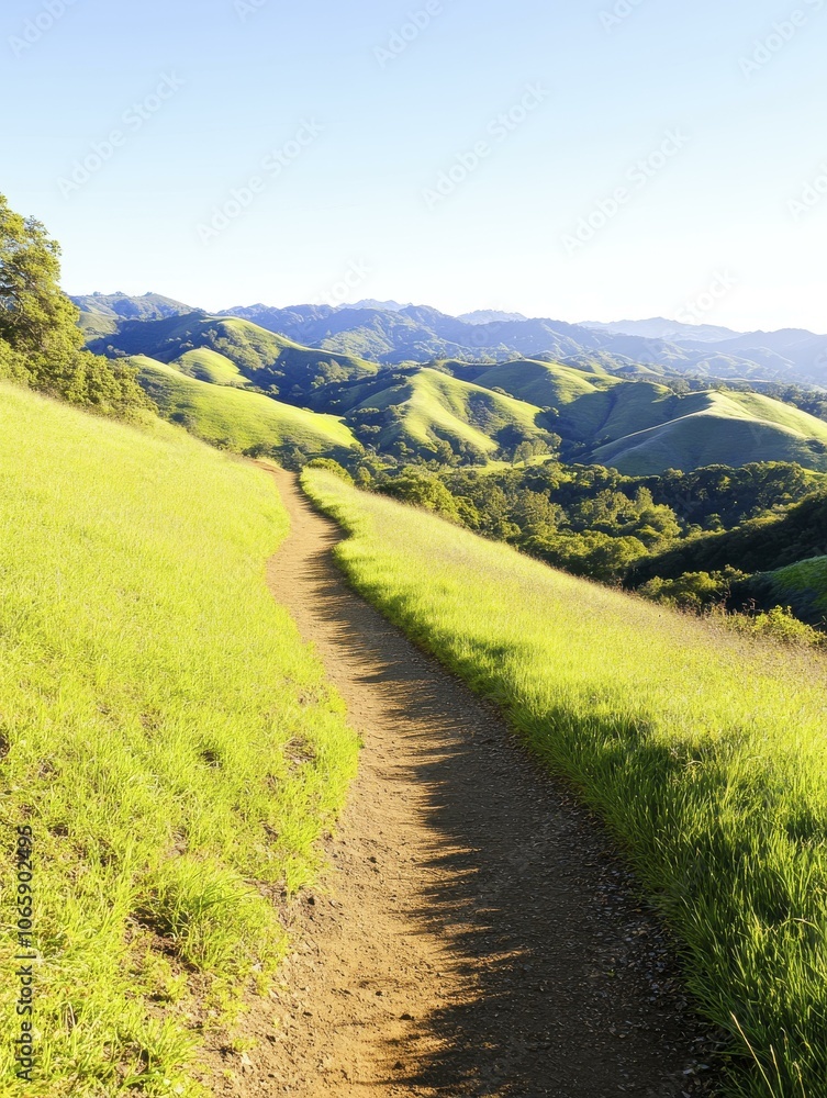 Fototapeta premium Winding Path Through Grassy Hills: A Scenic Mountain Landscape