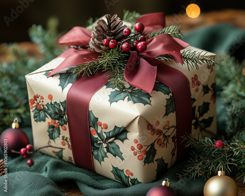 Elegant Holiday Gift Wrapped in Festive Ribbon on Neutral Background