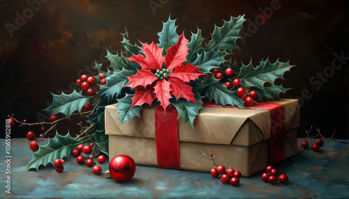 Elegant Holiday Gift Wrapped in Festive Ribbon on Neutral Background