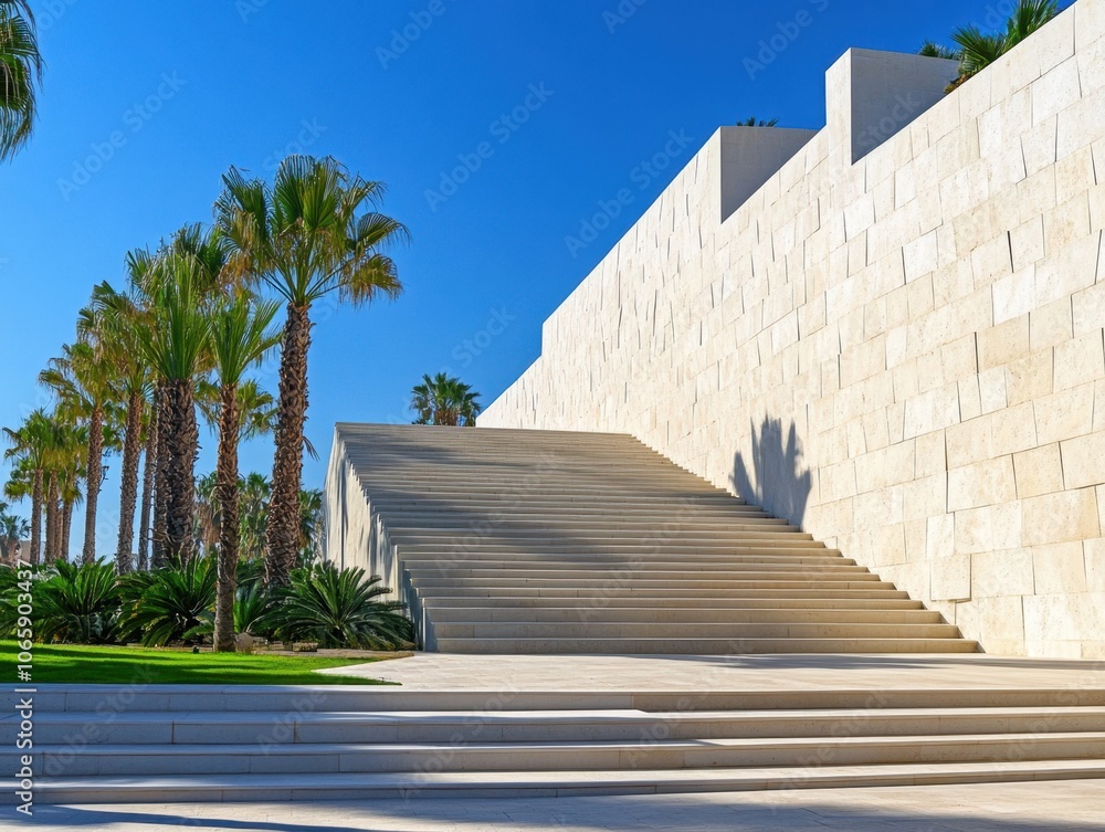 Obraz premium A white building with a staircase leading up to it. The stairs are white and there are palm trees in the background