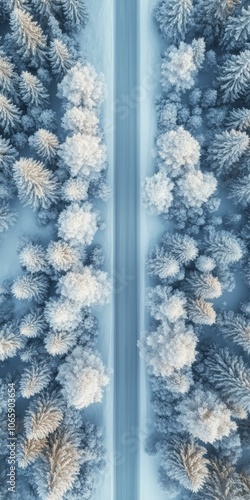 Aerial View of a Snowy Road Through a Winter Forest