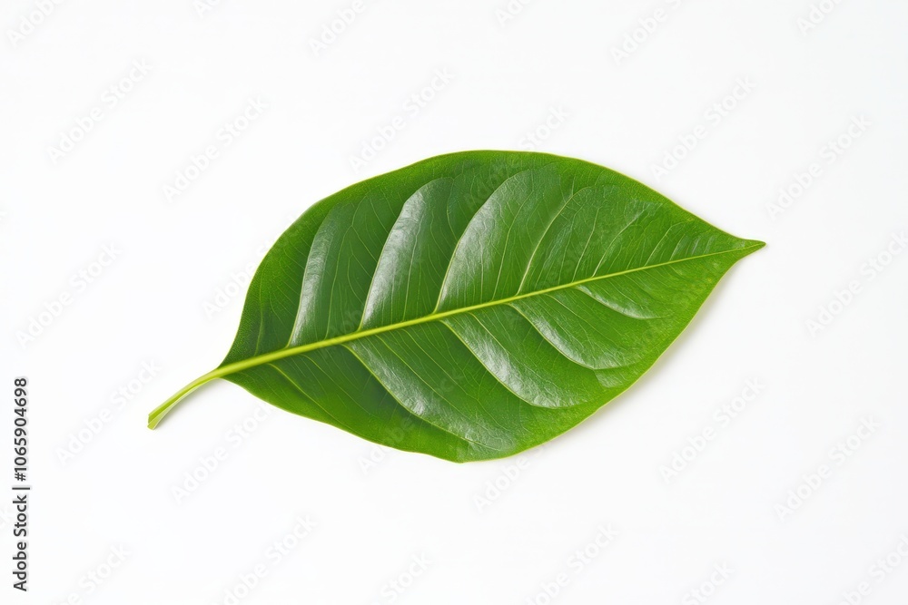 Obraz premium Close-up of a vibrant green leaf against a white background