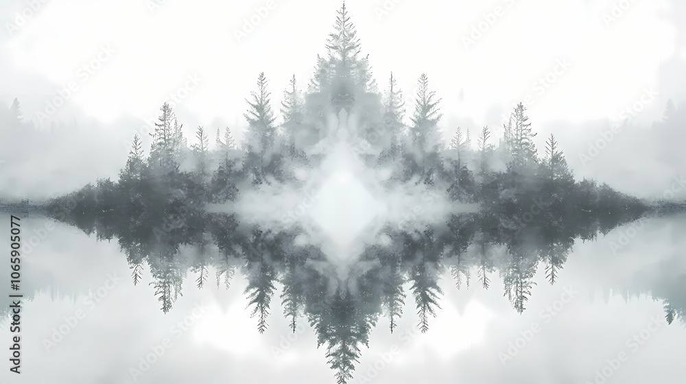 Obraz premium Symmetrical mystical forest in morning fog. Mystical. Illustration