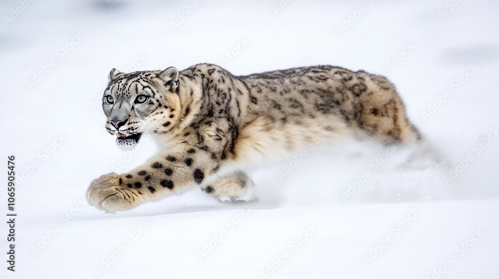 Fototapeta premium A snow leopard gracefully running through a snowy landscape.