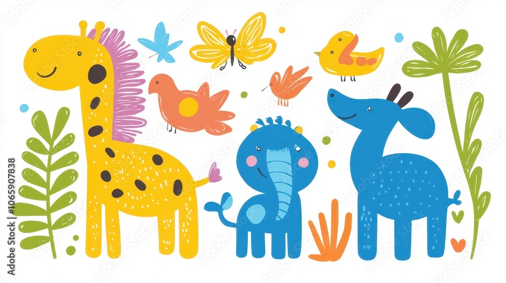 Obraz premium Colorful cartoon animals including a giraffe, elephant, dog, and various birds surrounded by plants and butterflies in a playful design.