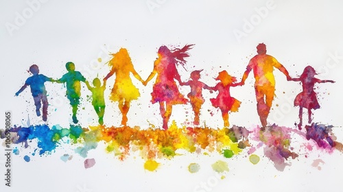 A vibrant watercolor silhouette of diverse people holding hands, representing unity, joy, and togetherness.