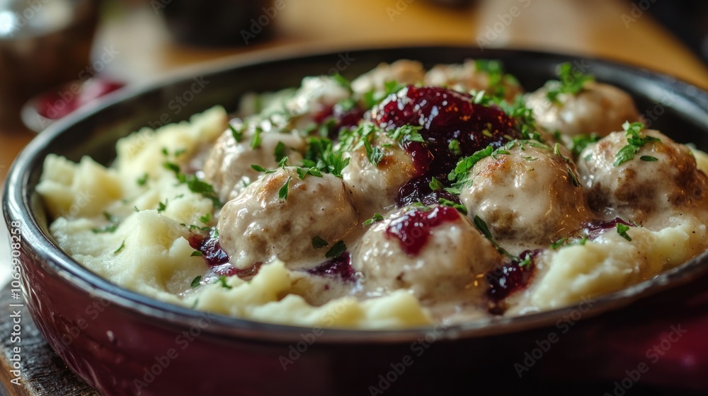 A serving of meatballs with gravy, mashed potatoes, and cranberry sauce garnished with herbs. A serving of meatballs with gravy, mashed potatoes, and cranberry sauce garnished with herbs.