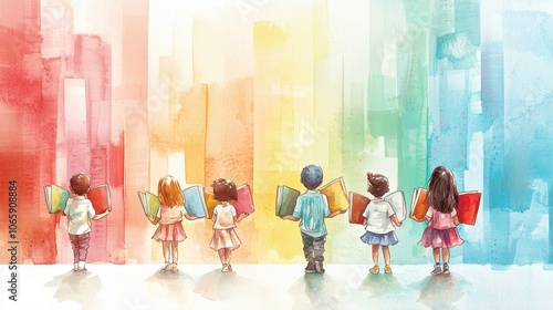 A colorful, artistic depiction of children holding books, standing together and facing vibrant abstract backgrounds, symbolizing education and creativity.