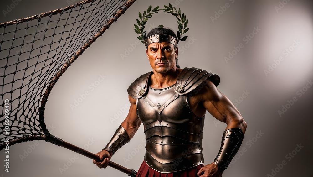 Obraz premium A Fierce Warrior in Armor Stands Confidently With a Net, Embodying Roman Strength and Valor