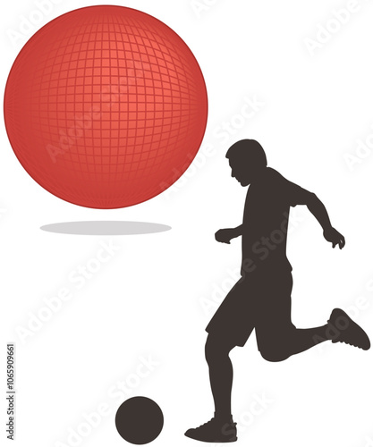kickball, red inflated ball with silhouette of player on white background
