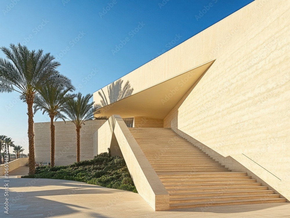 Fototapeta premium A building with a large staircase leading up to it. The staircase is made of stone and is located on the side of the building