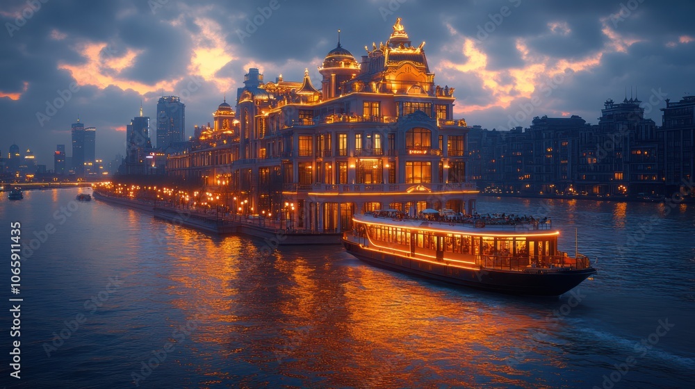 Naklejka premium A luxurious palace-like building with ornate architecture and lights on a river at dusk, with a boat passing in front.