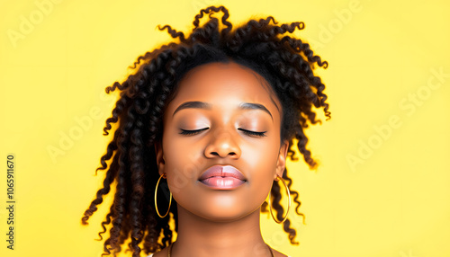 Wallpaper Mural Zen. Relaxed Young African American Lady Meditating With Closed Eyes, Yellow Background isolated with white highlights, png Torontodigital.ca