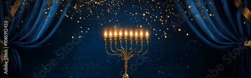 Beautiful Hanukkah menorah with candles in cozy traditional setting at night photo