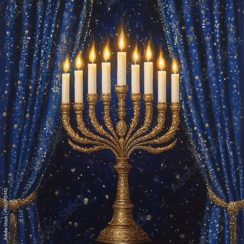 Beautiful Hanukkah menorah with candles in cozy traditional setting at night photo