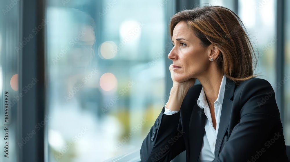 Fototapeta premium A businesswoman gazing out a window during a break, lost in thought and visibly tired