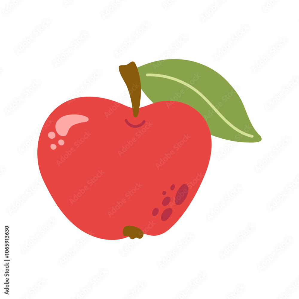 Fototapeta premium Summer juicy red apple with leaf. Hand drawn cartoon fruit illustration.