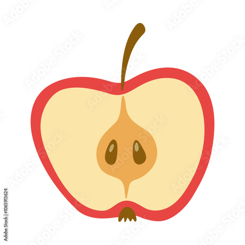 Summer juicy halved red apple with stem and seeds. Hand drawn cartoon fruit illustration.