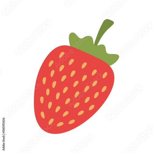 Vector strawberry clipart with stem and leaves. Hand drawn cartoon summer fruit illustration.