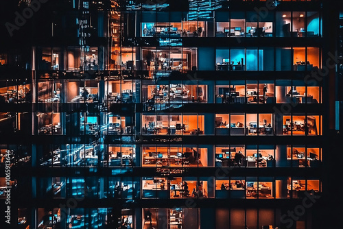 Wallpaper Mural A modern office building with several floors shows warm and blue lights through windows creating a dynamic and bustling night scene
 Torontodigital.ca