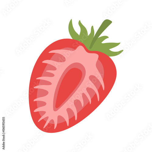 Vector halved strawberry clipart with stem and leaves. Hand drawn cartoon summer fruit illustration.