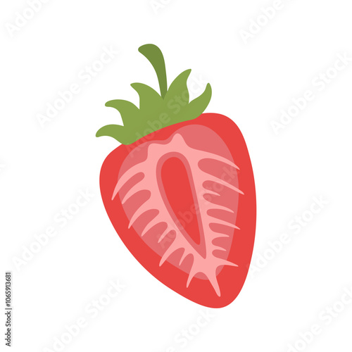 Vector halved strawberry clipart with stem and leaves. Hand drawn cartoon summer fruit illustration.