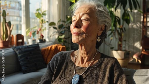 Sunlight streams through large windows in a cozy living room, where an elderly woman sits peacefully, basking in the warmth and surrounded by greenery and comfort.