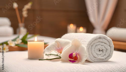 Spa composition with candle, orchid flower and rolled towel on massage table in wellness center, space for text isolated with white highlights, png