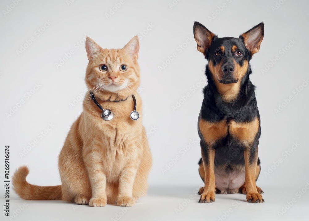 Cute cat and dog wearing medical stethoscopes Cute cat and dog wearing medical stethoscopes