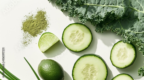 Fresh green ingredients: kale, cucumber, lime, green powder, and chives on white background