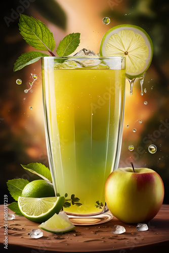 delightful beautiful scene with glass of fresh apple juice with lime and mint. Digital artwork. Ai generated. photo