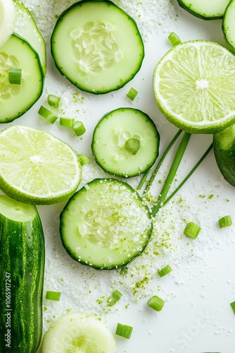 Fresh sliced cucumbers and limes with green onions and sea salt on white background