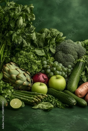 Fresh and vibrant green vegetables and fruits arrangement on green background